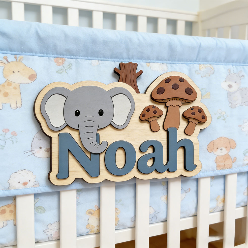 Baby Nursery Themes Boy - Plakat Nama Gajah & Jamur Kartun