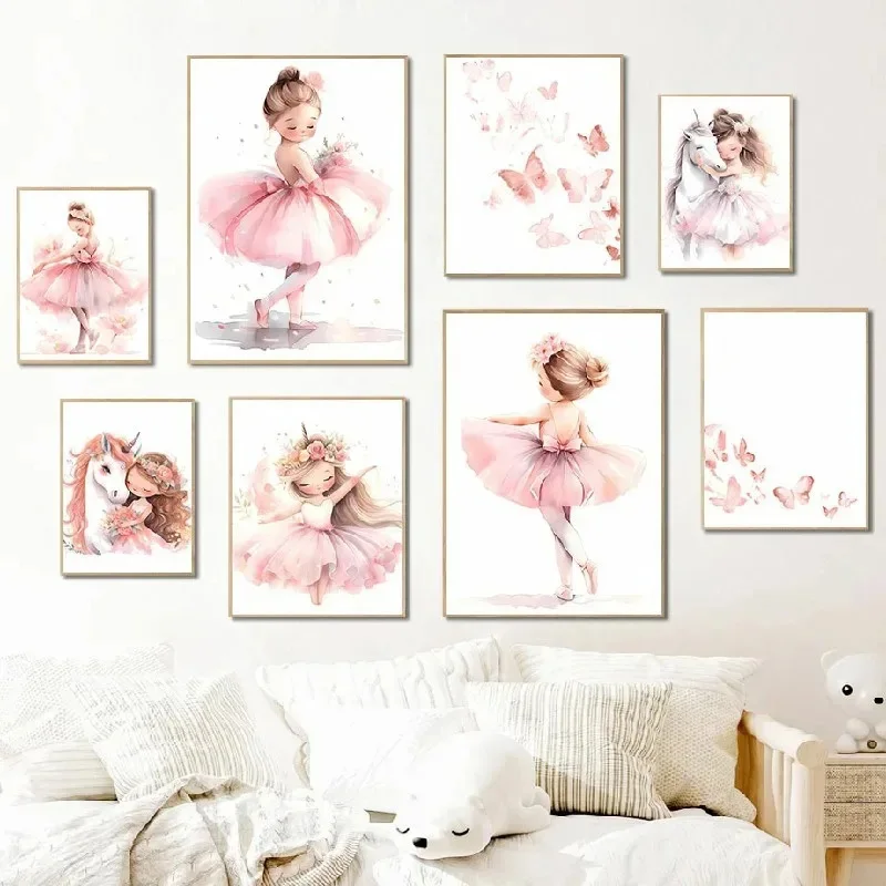 Baby Nursery Paintings - Poster Kupu-kupu Unicorn Gadis Balerina Merah