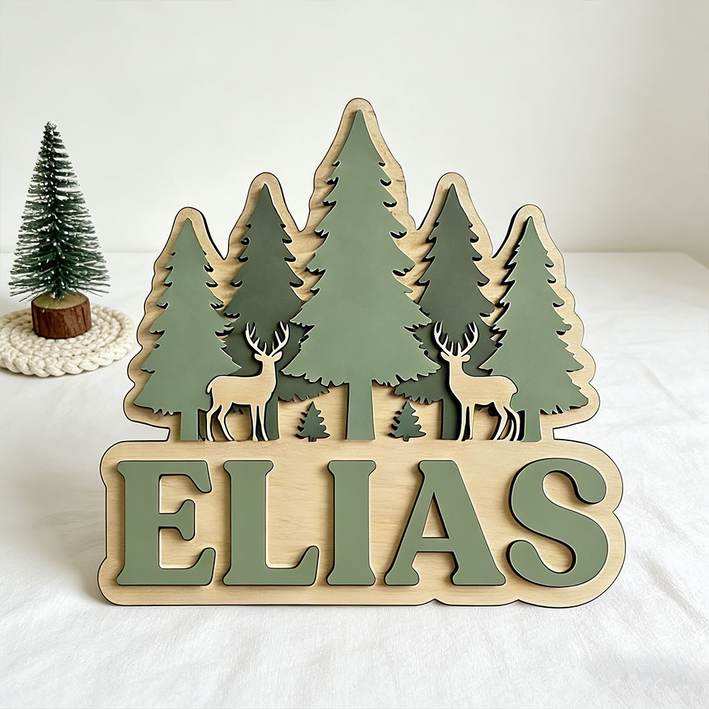 Baby Nursery Forest Theme - Papan Nama Pintu Kayu Bertema Gunung