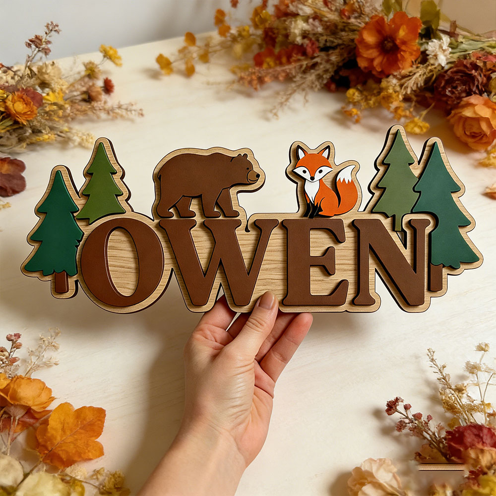 Baby Nursery Forest Theme - Papan Nama Pintu Beruang dan Rubah