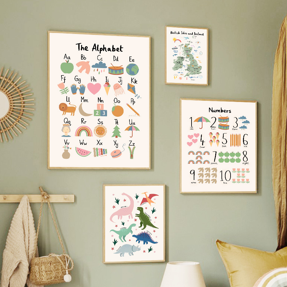 Baby Nursery Paintings - Peta Dunia Hewan Dinosaurus Alfabet Angka
