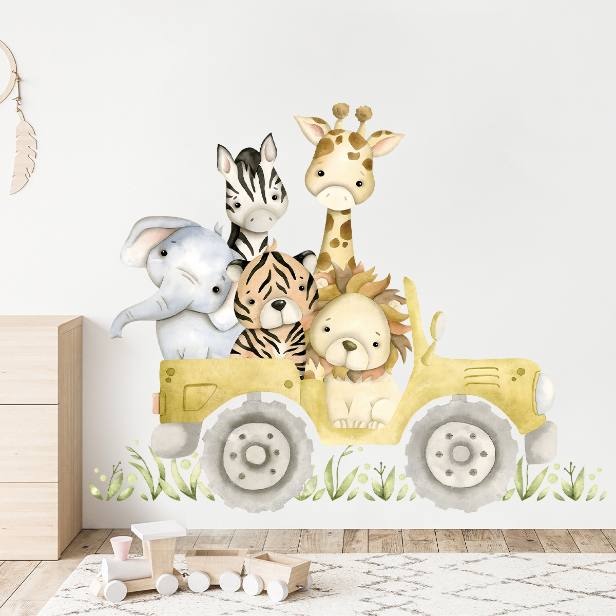 Baby Zebra Nursery - Stiker dinding Jeep gambar hewan lucu,
