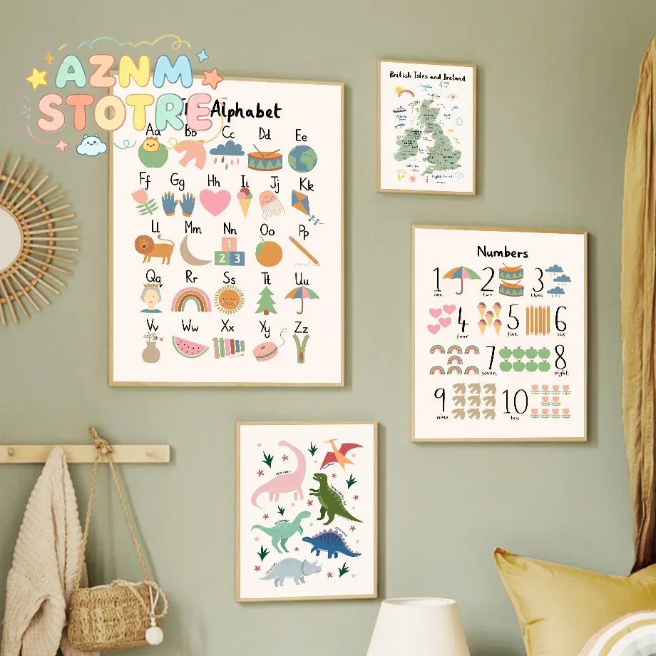 Baby Nursery Paintings - Peta Dunia Hewan, Alfabet Dinosaurus, Angka,