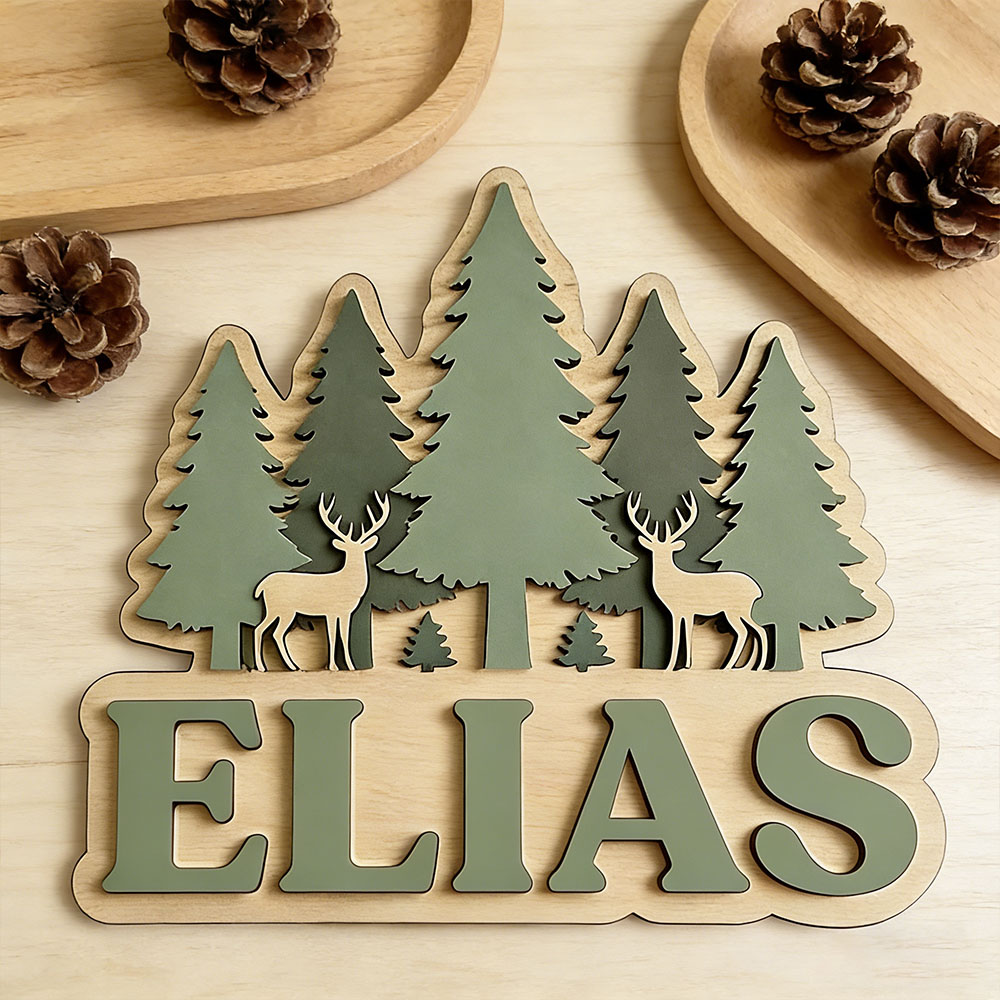 Baby Nursery Forest Theme - Papan Nama Kayu Bertema Rusa Hutan
